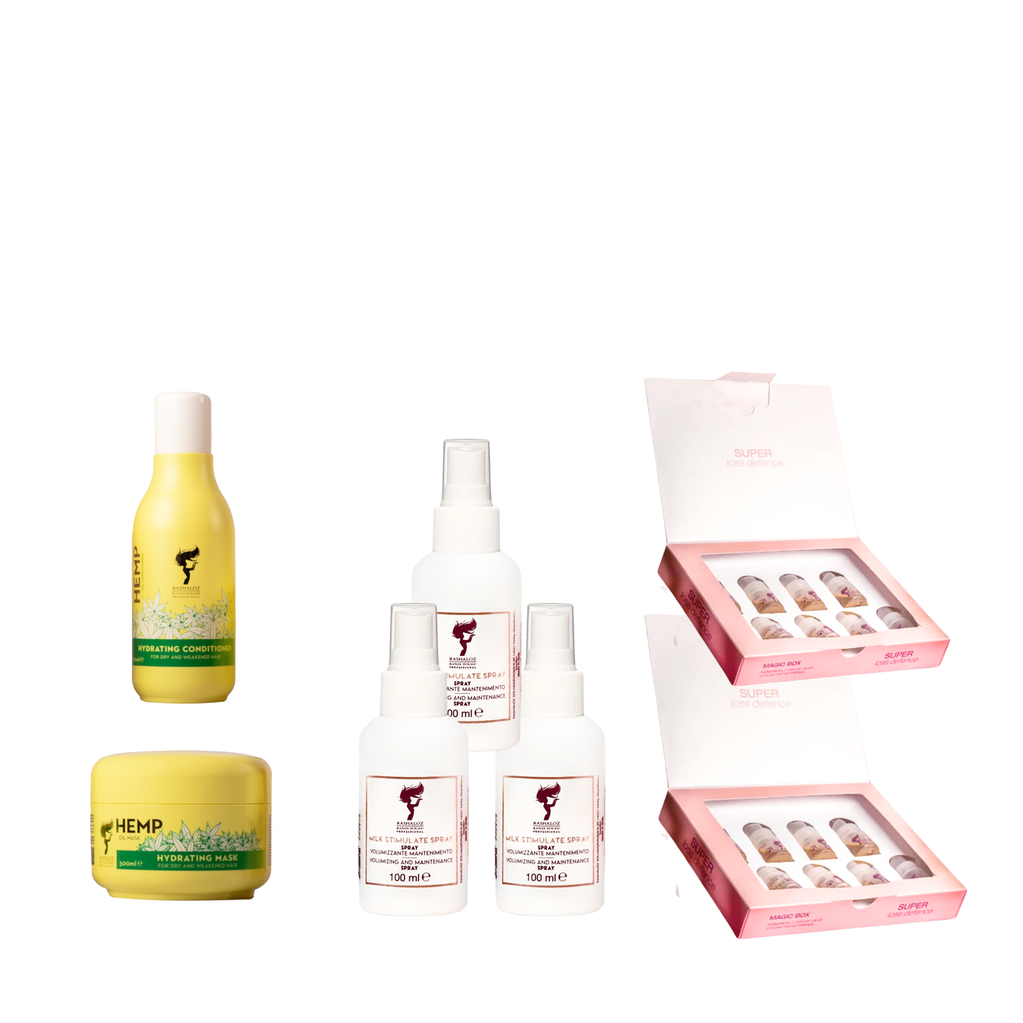 1 mask , 3 milk spray ,condtioner Hemp+ 2 Magic ampules