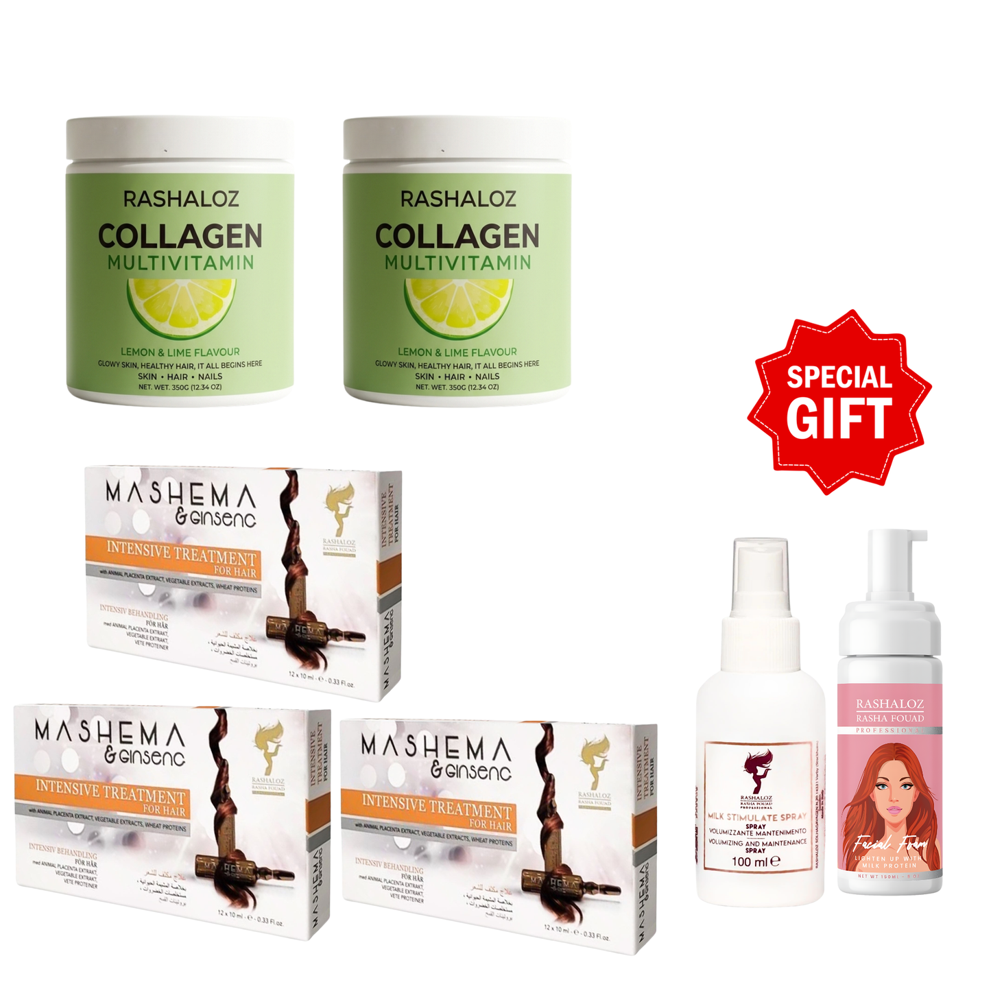 2 Collagen powder + 3 Mashema + Free gifts ( 1 Face foam + Milk Spray )