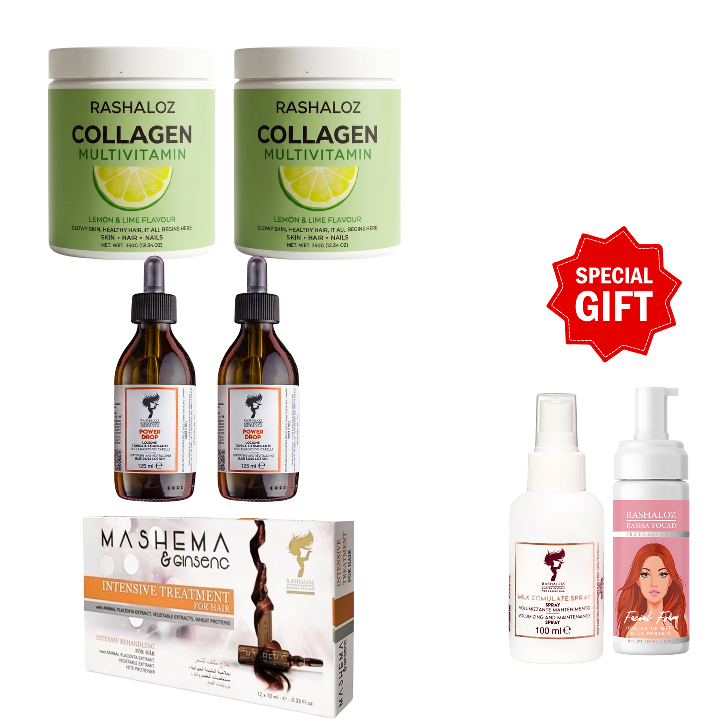 2 Collagen Powder + 2 Power drops + 1 mashema + Free gifts ( 1 Face foam + Milk Spray )