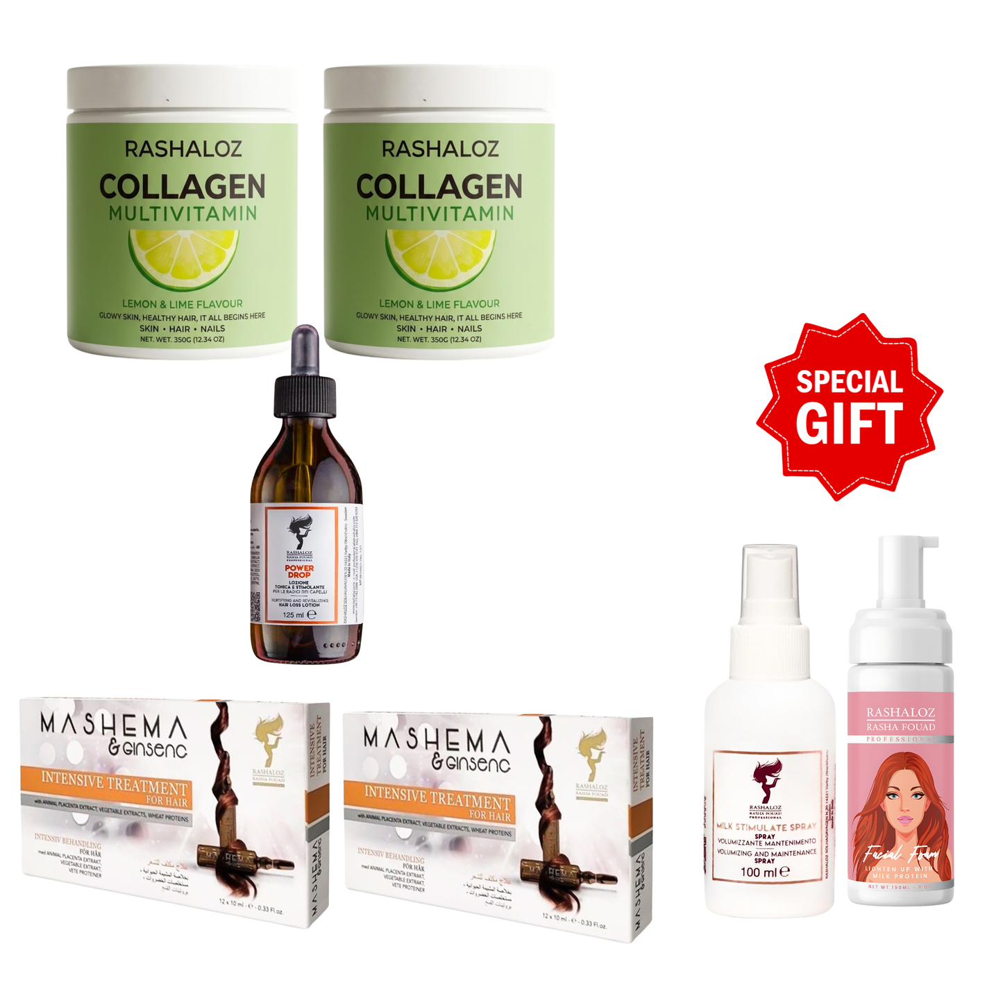 1 Power drops + 2 Collagen poWder + 2 Mashema + Free gifts ( 1 Face foam + Milk Spray )