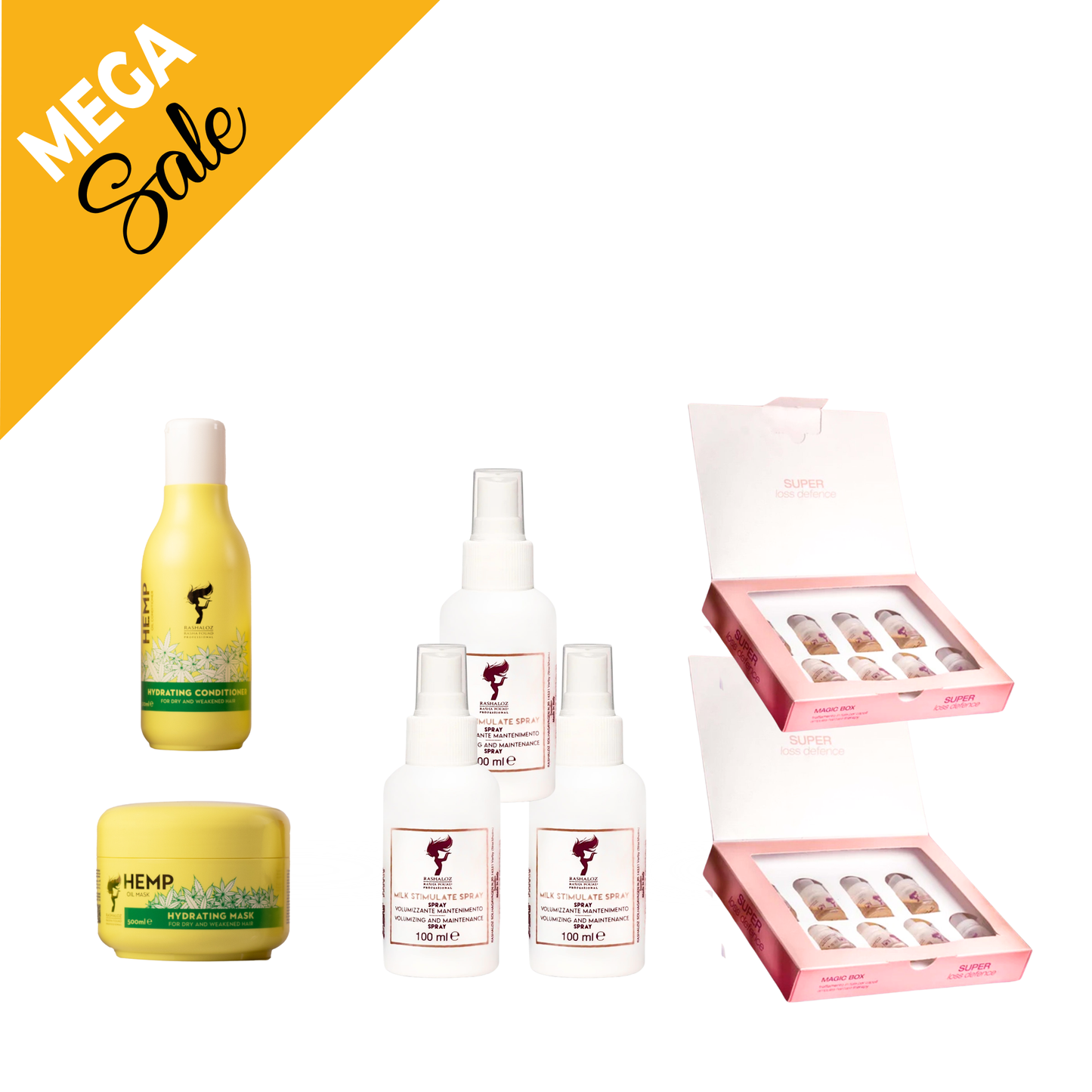 1 mask , 3 milk spray ,condtioner Hemp+ 2 Magic ampules