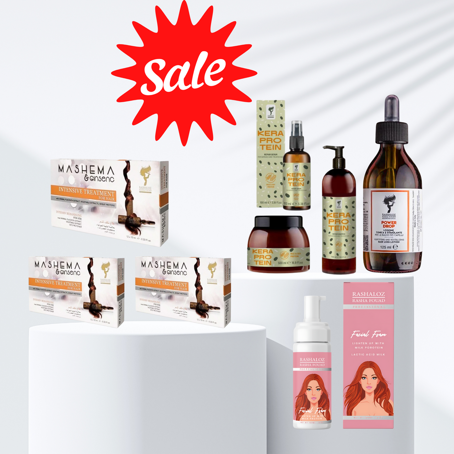 3 Mashema ampules + 1 power drop + 1 kera pro + 1 face milk foam