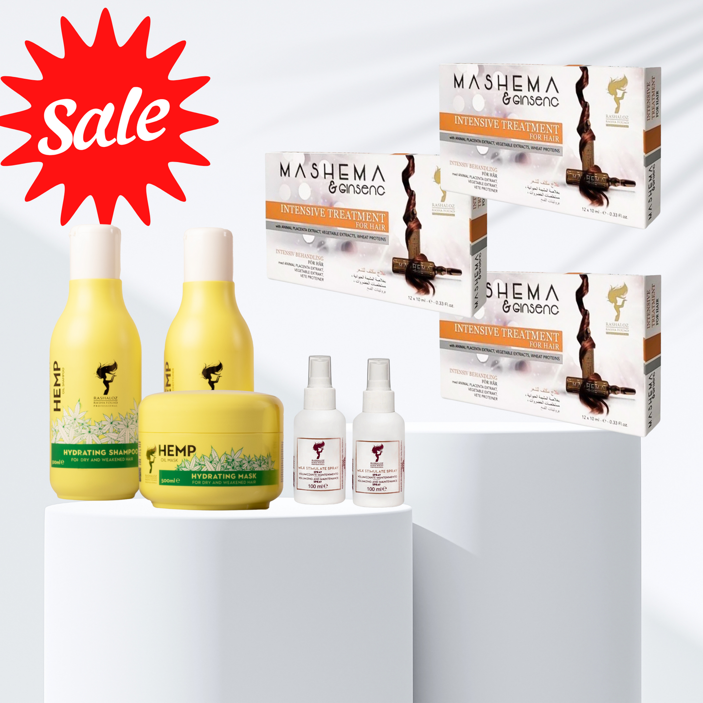 4 Boxes Mashema ampules + 3 power drop + 1 Hemp mask + 1 condtioner + 2 milk spray