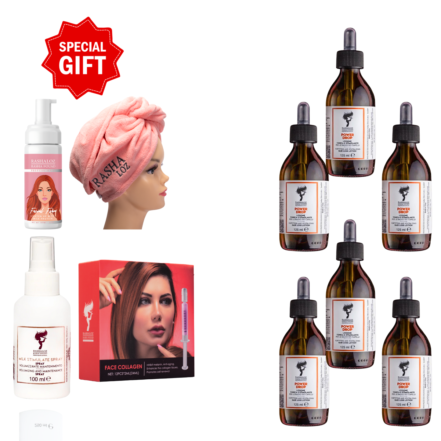 6 Power drops + Free gifts ( 1 face collagen + 1 towel + 1 face foam + milk spray )