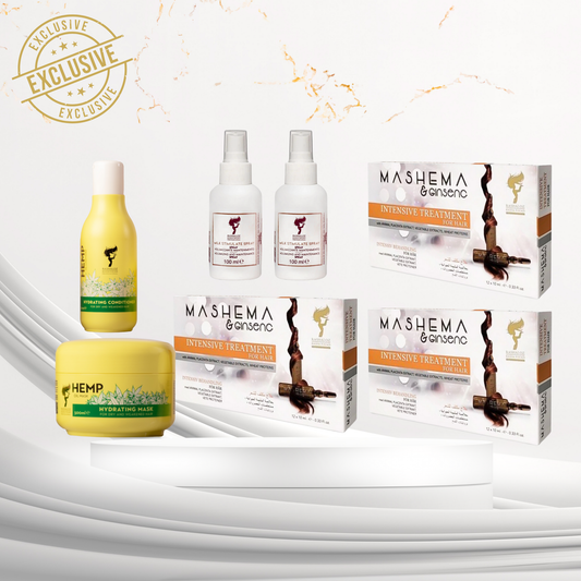 1 Hemp mask + 1 Hemp condtioner + 2 milk spray  + 3 Boxes Mashema ampoules