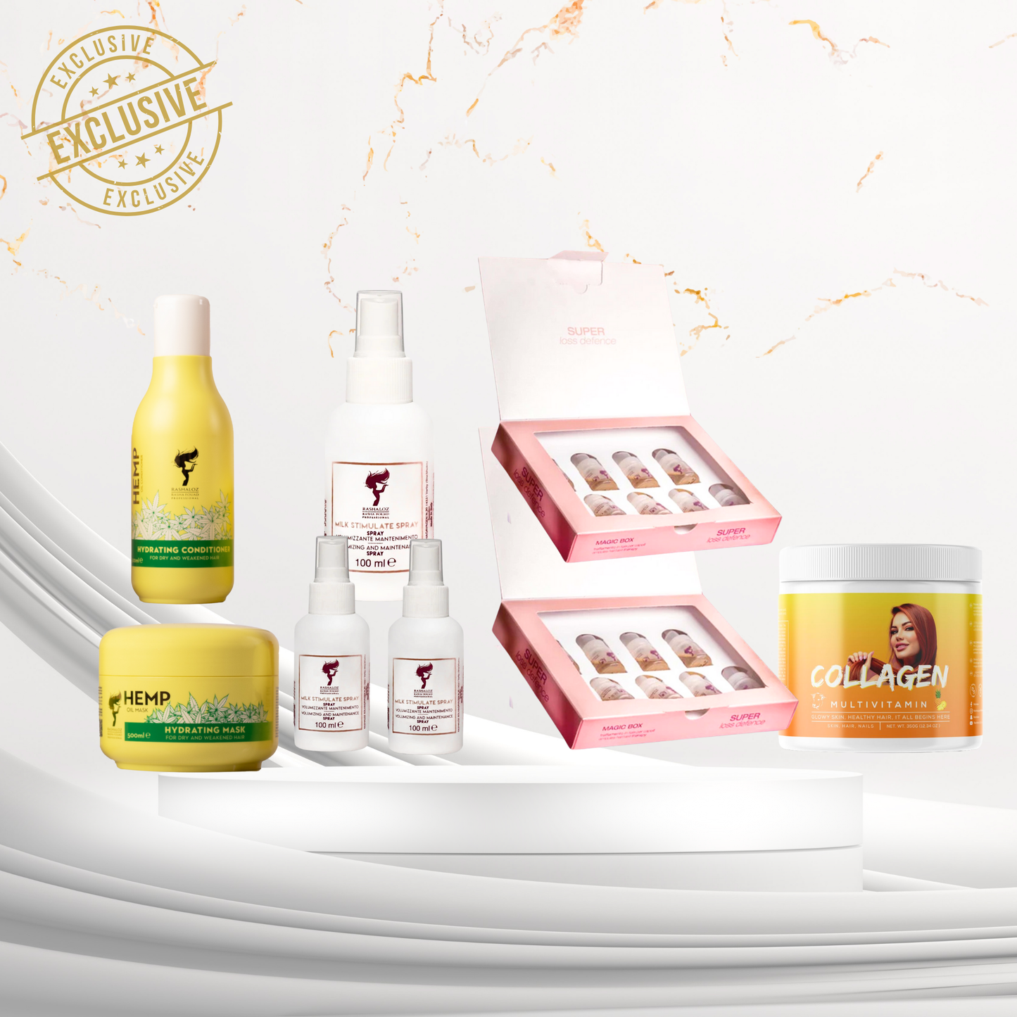 1 Collagen drink 🍍  + 1  mask , 3 milk spray  ,condtioner Hemp+ 2 Magic ampules